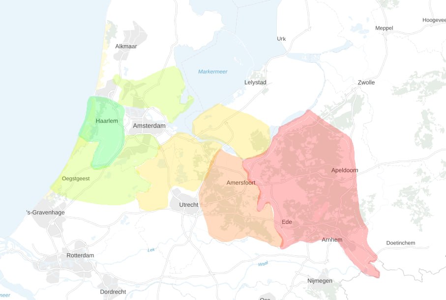 Kaart met de vijf zoekzones, van groen rond Haarlem tot rood in Gelderland